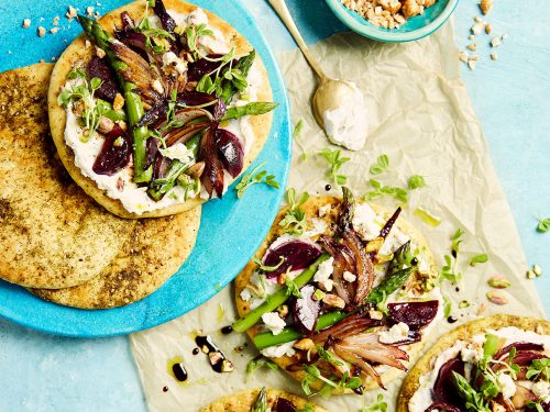 Beetroot, Ricotta, Asparagus And Goat Cheese Flatbreads