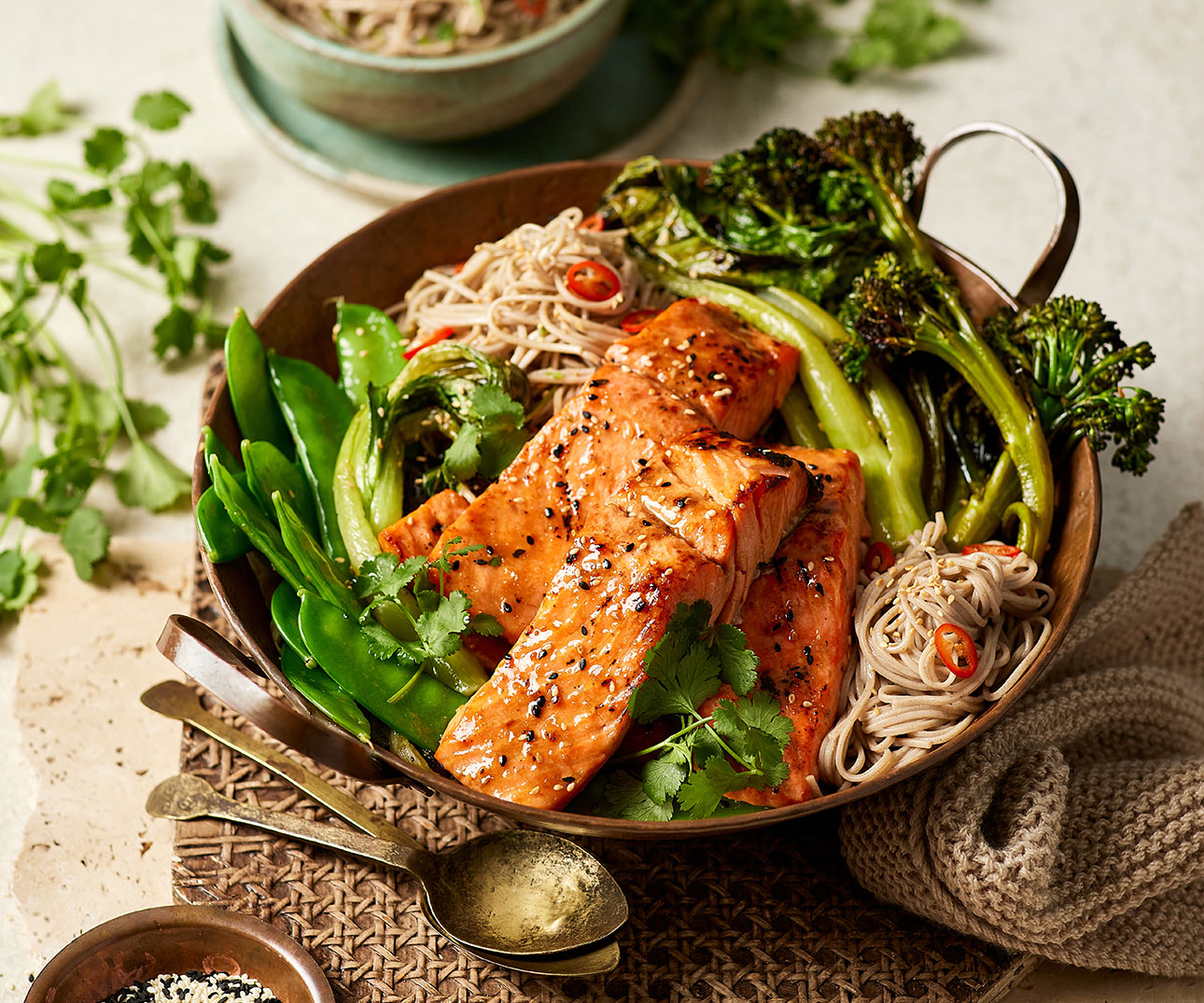 Baked Ocean Trout With Sesame, Soba Noodles And Seasonal Asian Greens
