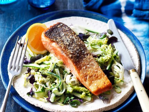 Crispy-Skinned Salmon With Fennel And Cucumber Slaw