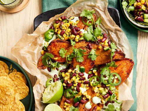Latin-Style Roasted Sweet Potatoes With Jalapeño And Feta Sour Cream