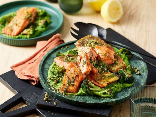 Ocean Trout With Crispy Broccoli, Pea Purée And Garlic And Caper Butter