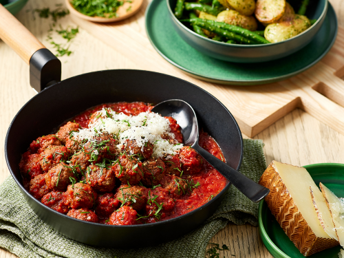 Spanish Meatballs With Salsa Verde Potatoes, Green Beans And Manchego Cheese