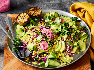 Charred Corn and Kale Salad with Quick Red Onion Pickles and Birch & Waite Golden Goddess Dressing & Sauce