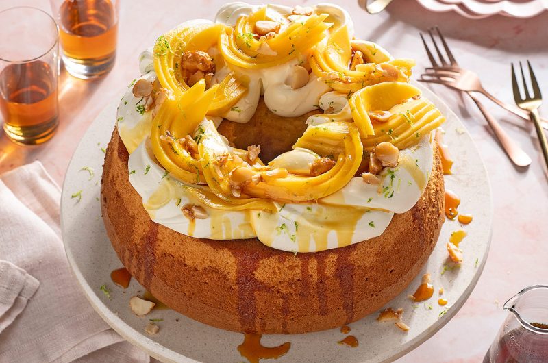Mango Chiffon Cake with Mascarpone Cream and Maple Rum Syrup
