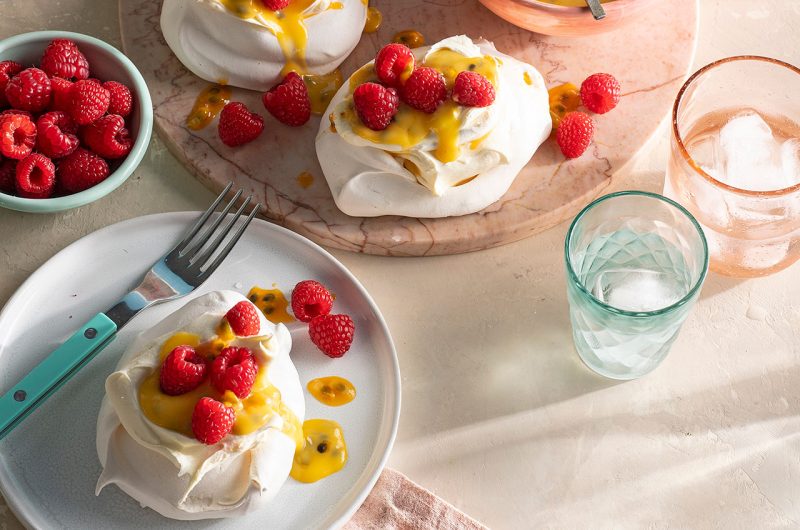 Individual Pavlovas with Passionfruit Curd and Raspberry Cream