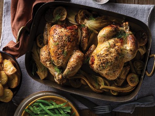 Roast chicken bake with fennel, leeks & lemon